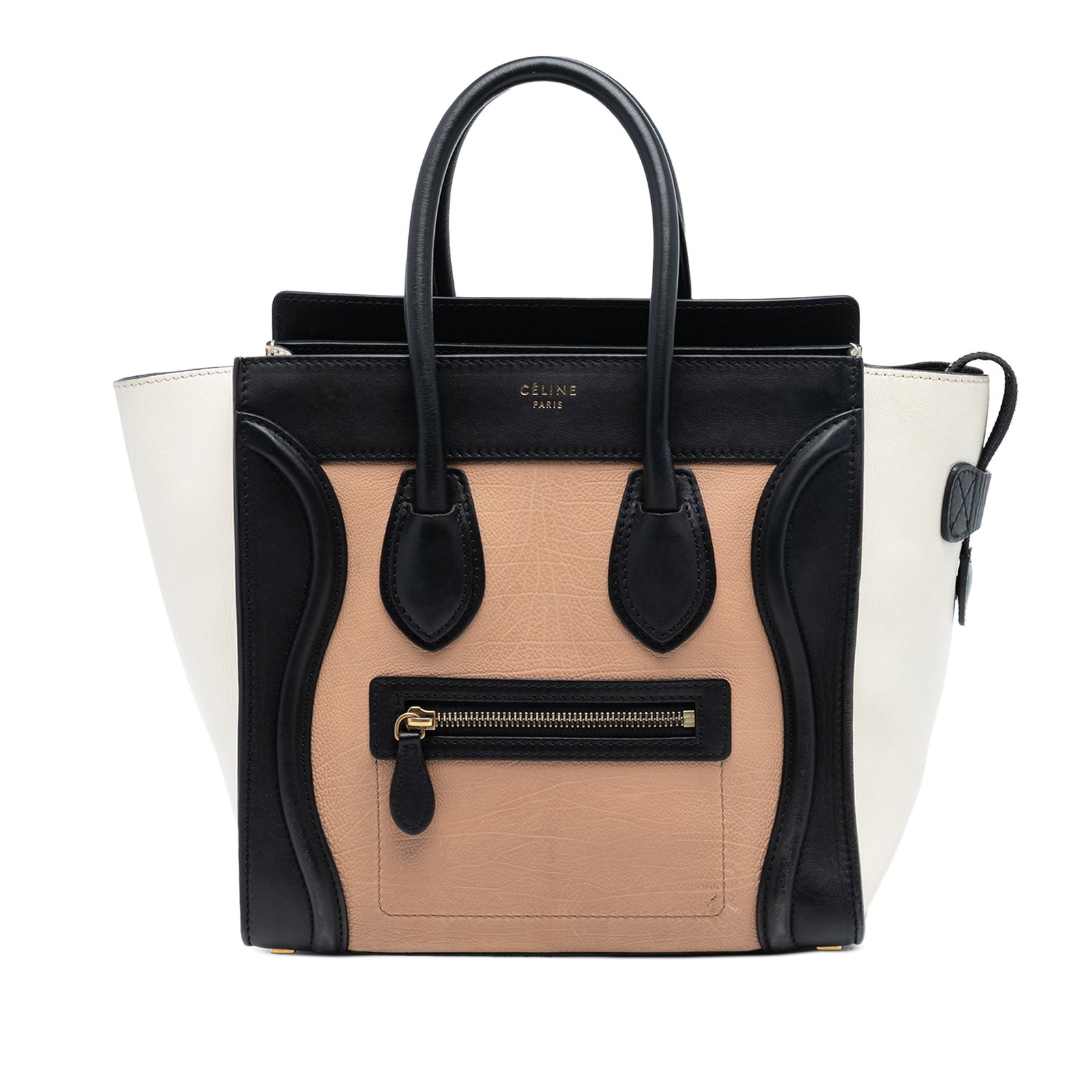 Celine Tricolor Micro Luggage Tote Leather Handbag: Celine Tricolor Micro Luggage Tote Leather Handbag This Celine Micro Tricolor Leather Luggage Tote features a leather body with rolled leather handles, a top zip closure, an exterior front zip pocket,