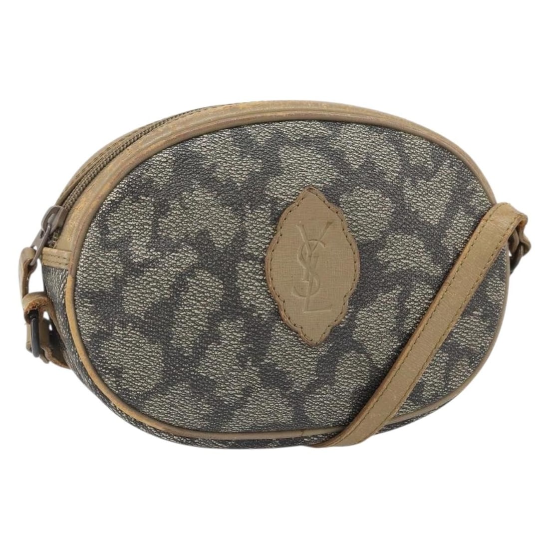 Gray PVC Canvas Saint Laurent Shoulder Bag: Gray PVC Canvas Saint Laurent Shoulder Bag This Saint Laurent gray shoulder bag is crafted from PVC leather and features a structured silhouette. The bag shows signs of heavy use, including rubbing, s