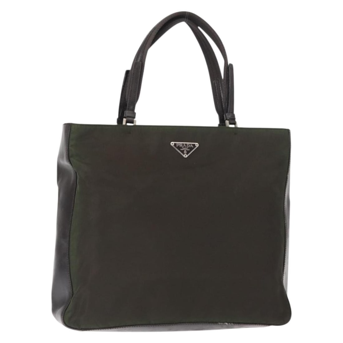 Prada Khaki Silver Nylon Women s Handbag Italy: Prada Khaki Silver Nylon Women s Handbag Italy This PRADA handbag is crafted from durable nylon in a khaki and silver color combination. Designed for women, it features a practical top handle with a 6
