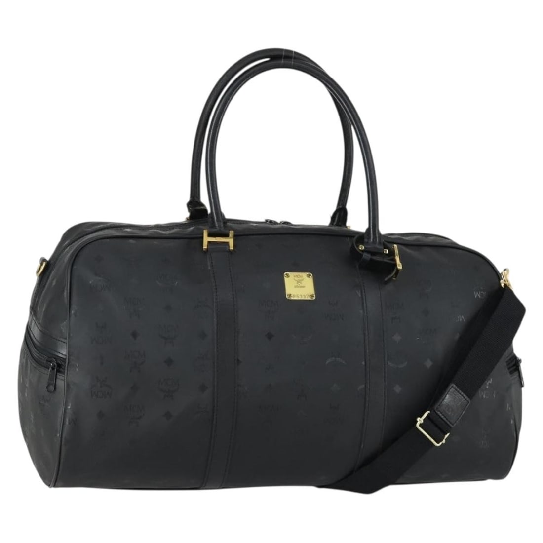 MCM Vicetos Logogram Black Boston Bag PVC Leather 2way Germany: MCM Vicetos Logogram Black Boston Bag PVC Leather 2way Germany This MCM Logogram Vicetos Boston Bag is crafted from black and gold PVC leather and features a spacious design suitable for versatile use