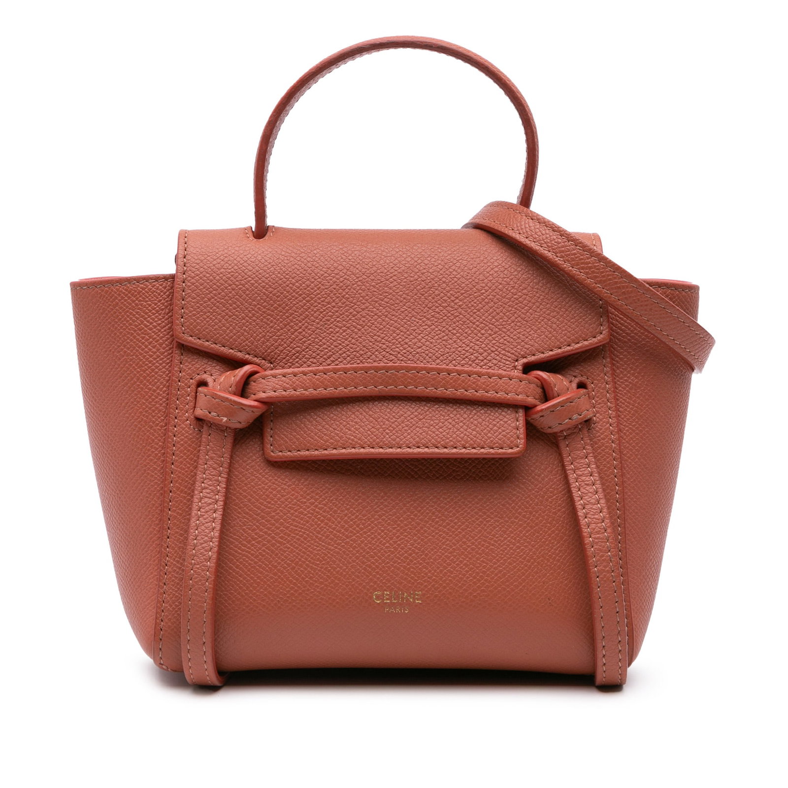 Celine Pico Leather Belt Bag in Orange with Detachable Strap: Celine Pico Leather Belt Bag in Orange with Detachable Strap Introducing the Celine Pico Grained Calfskin Belt Bag, a stylish accessory crafted from high-quality leather. This bag features a flat leat