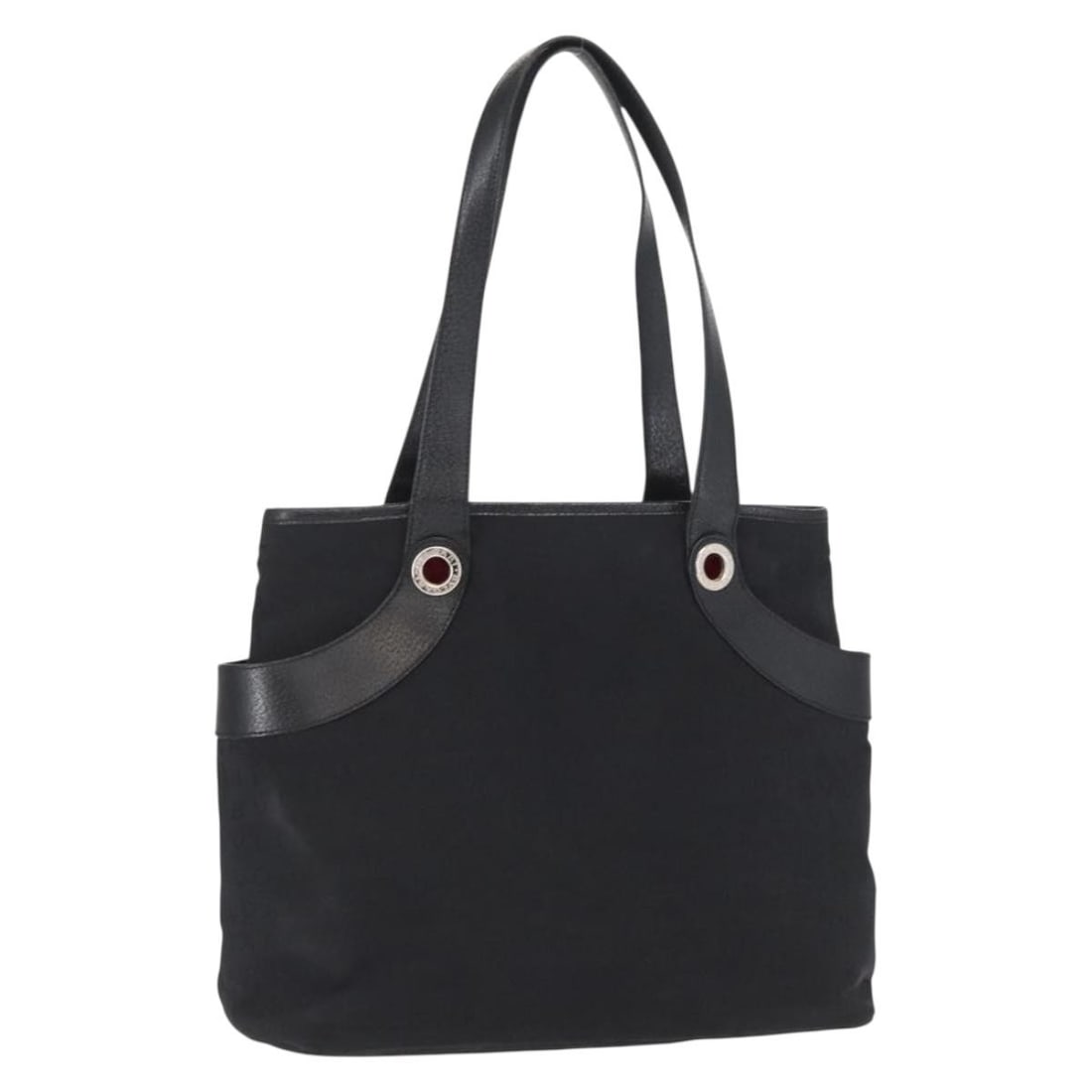 Bvlgari Black and Silver Canvas Tote Bag Made in Italy: Bvlgari Black and Silver Canvas Tote Bag Made in Italy This BVLGARI tote bag features a black and silver canvas exterior and is crafted in Italy. The bag shows significant signs of use, including loss