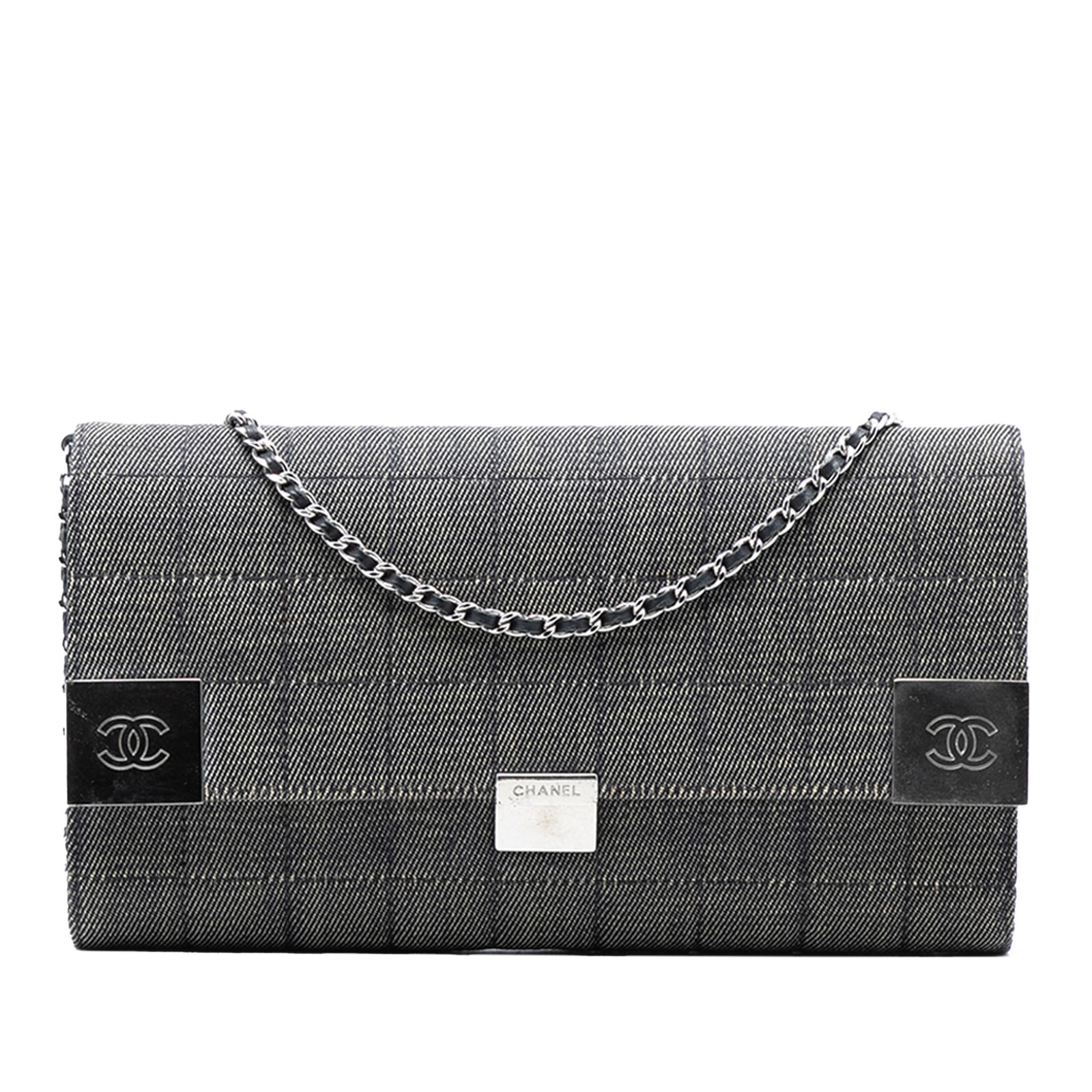 Chanel Choco Bar Denim Shoulder Bag with Chain Strap: Chanel Choco Bar Denim Shoulder Bag with Chain Strap This Chanel CC Choco Bar Denim Chain Flap shoulder bag features a square quilted gray denim body with a leather-woven chain strap. The front flap s