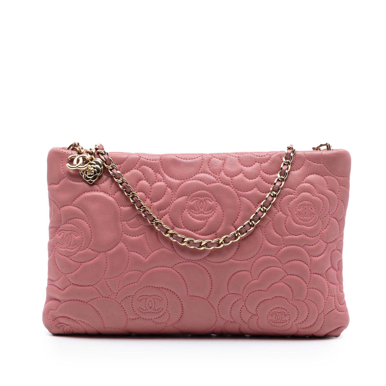 Pink Camellia Embossed Lambskin Shoulder Bag with Chain Strap by Chanel: Pink Camellia Embossed Lambskin Shoulder Bag with Chain Strap by Chanel This Chanel Embossed Lambskin Camellia Chain Pochette features a pink embossed lambskin leather body, a leather-woven chain stra
