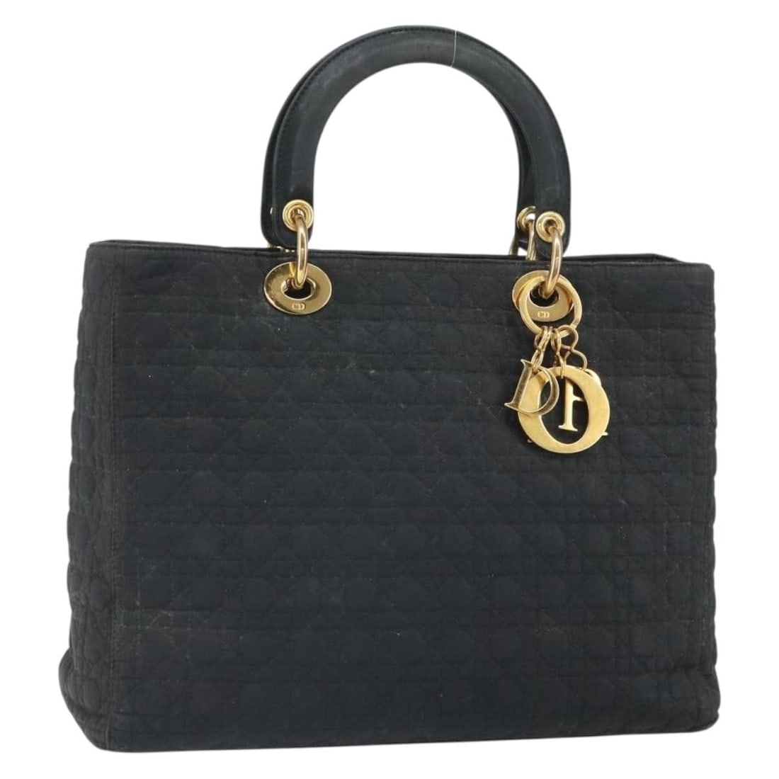 Christian Dior Lady Dior black nylon handbag with charm: Christian Dior Lady Dior black nylon handbag with charm This Christian Dior Lady Dior Canage handbag is crafted from black nylon with gold-tone accents. Designed for women, it features a structured si