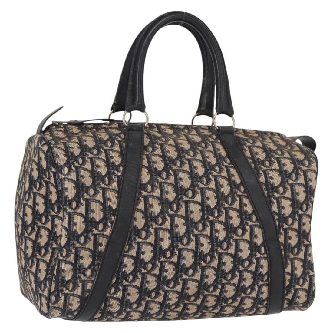 Navy Trotter Canvas Christian Dior Boston Bag with Silver Accents: Navy Trotter Canvas Christian Dior Boston Bag with Silver Accents This Christian Dior Boston bag features the signature Trotter canvas in navy and silver tones. Crafted in France, it is designed with 