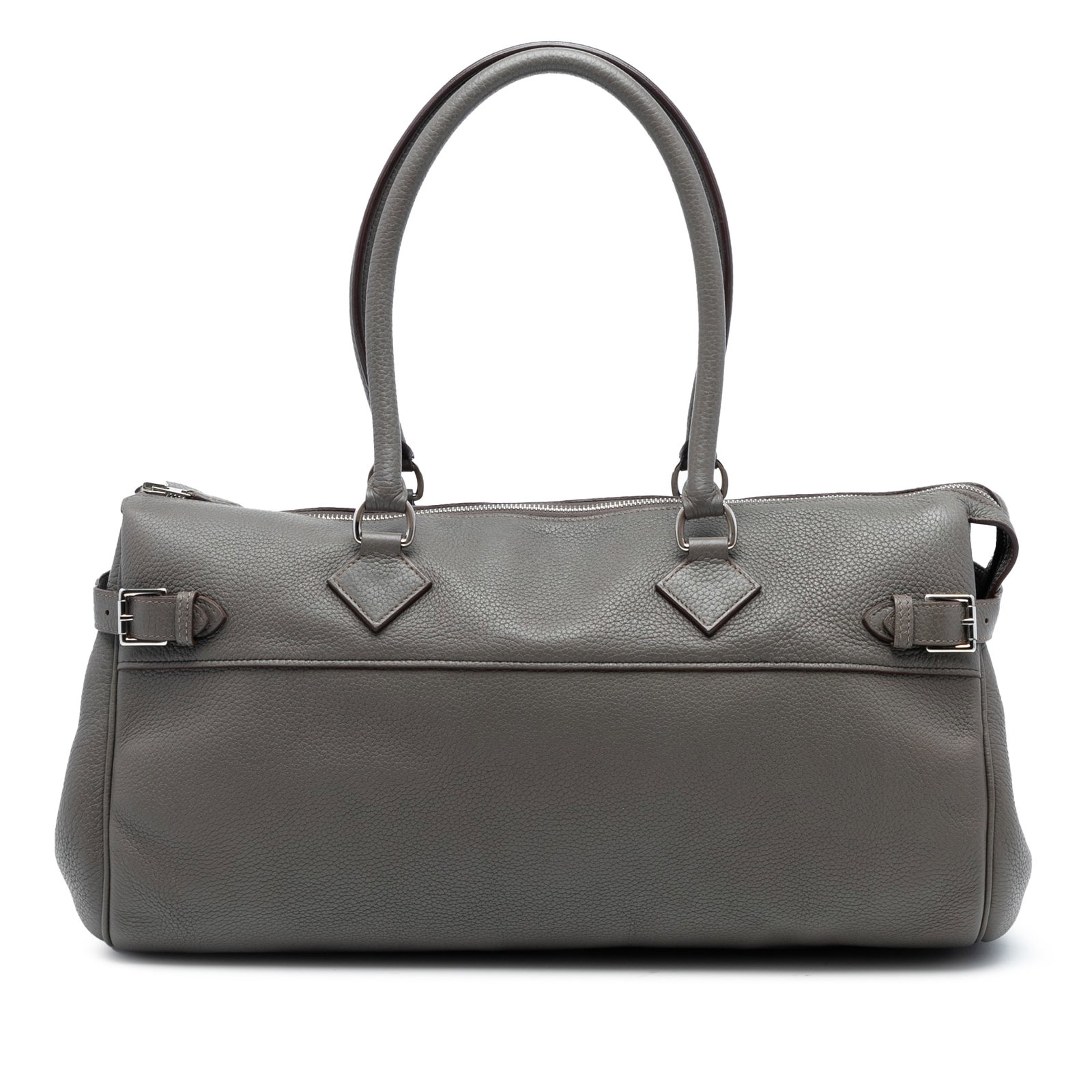 Hermes Atlas 42 Clemence Leather Bag in Etain Gray: Hermes Atlas 42 Clemence Leather Bag in Etain Gray This Hermes Atlas 42 bag is crafted from Clemence leather in Etain color and features rolled handles with a top zip closure. The bag shows signs of w