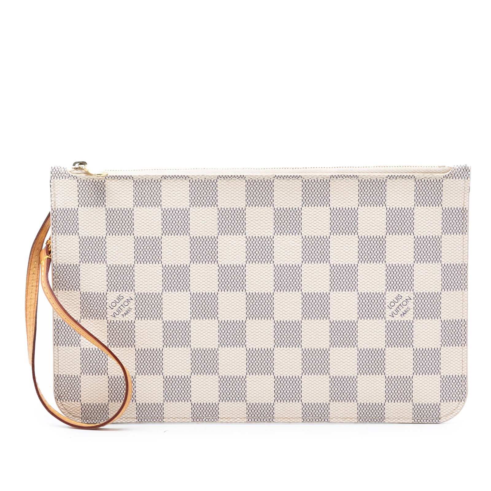 Neverfull MM Wristlet in Damier Azur Canvas with Zip by Louis Vuitton: Neverfull MM Wristlet in Damier Azur Canvas with Zip by Louis Vuitton This Louis Vuitton Damier Azur Neverfull MM Pouch features the iconic checkered canvas in white, complemented by a flat vachetta l