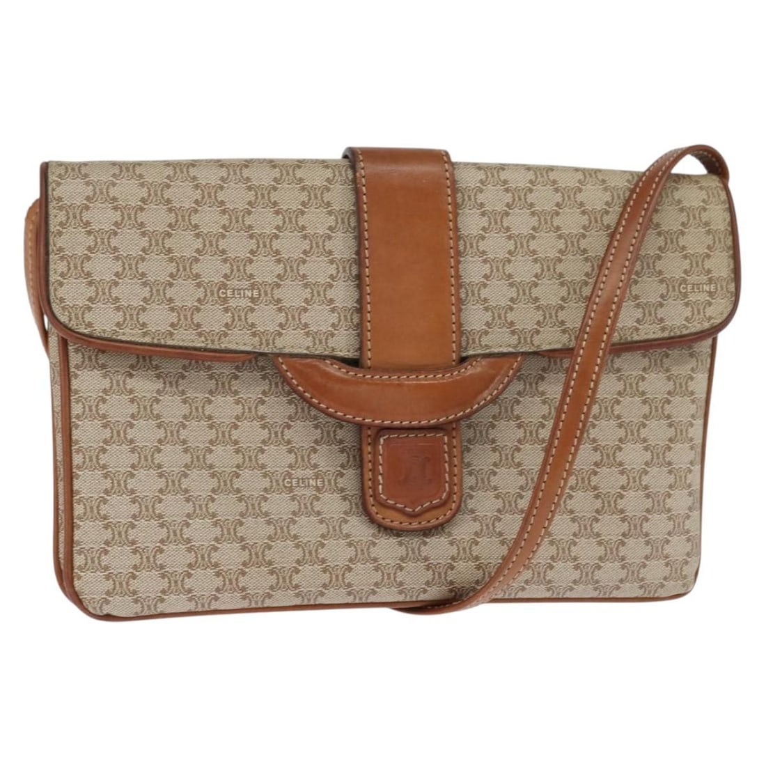 CELINE Macadam Beige Gold PVC Shoulder Bag Italy Auth 150387: CELINE Macadam Beige Gold PVC Shoulder Bag Italy Auth 150387 This Celine Macadam Canvas Shoulder Bag in Beige and Gold is a stylish accessory crafted from durable PVC leather. Designed for elegance an