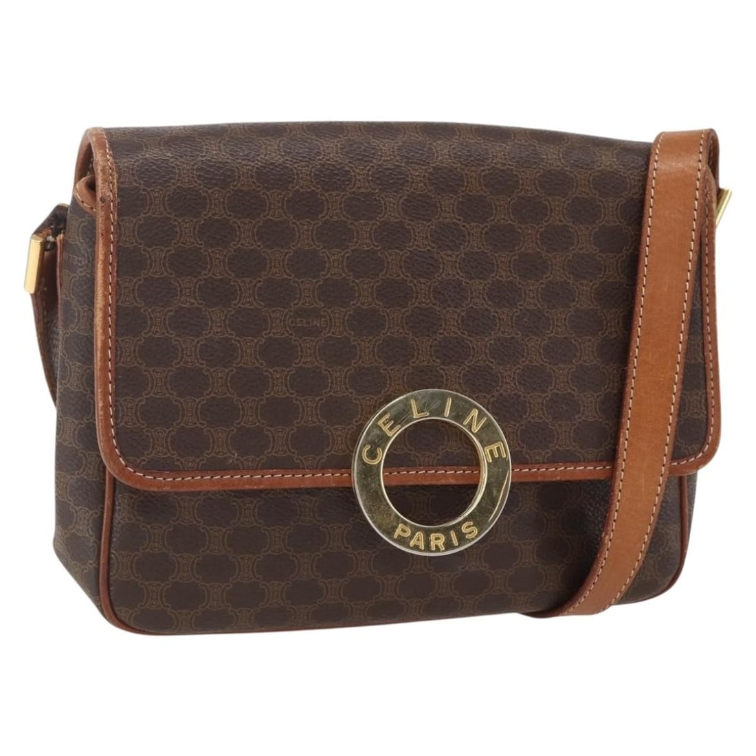 CELINE Macadam Brown Gold PVC Leather Shoulder Bag Auth M14: CELINE Macadam Brown Gold PVC Leather Shoulder Bag Auth M14 Introducing the CELINE Macadam Canvas Shoulder Bag, a stylish accessory crafted from durable PVC leather with a chic brown and gold color co