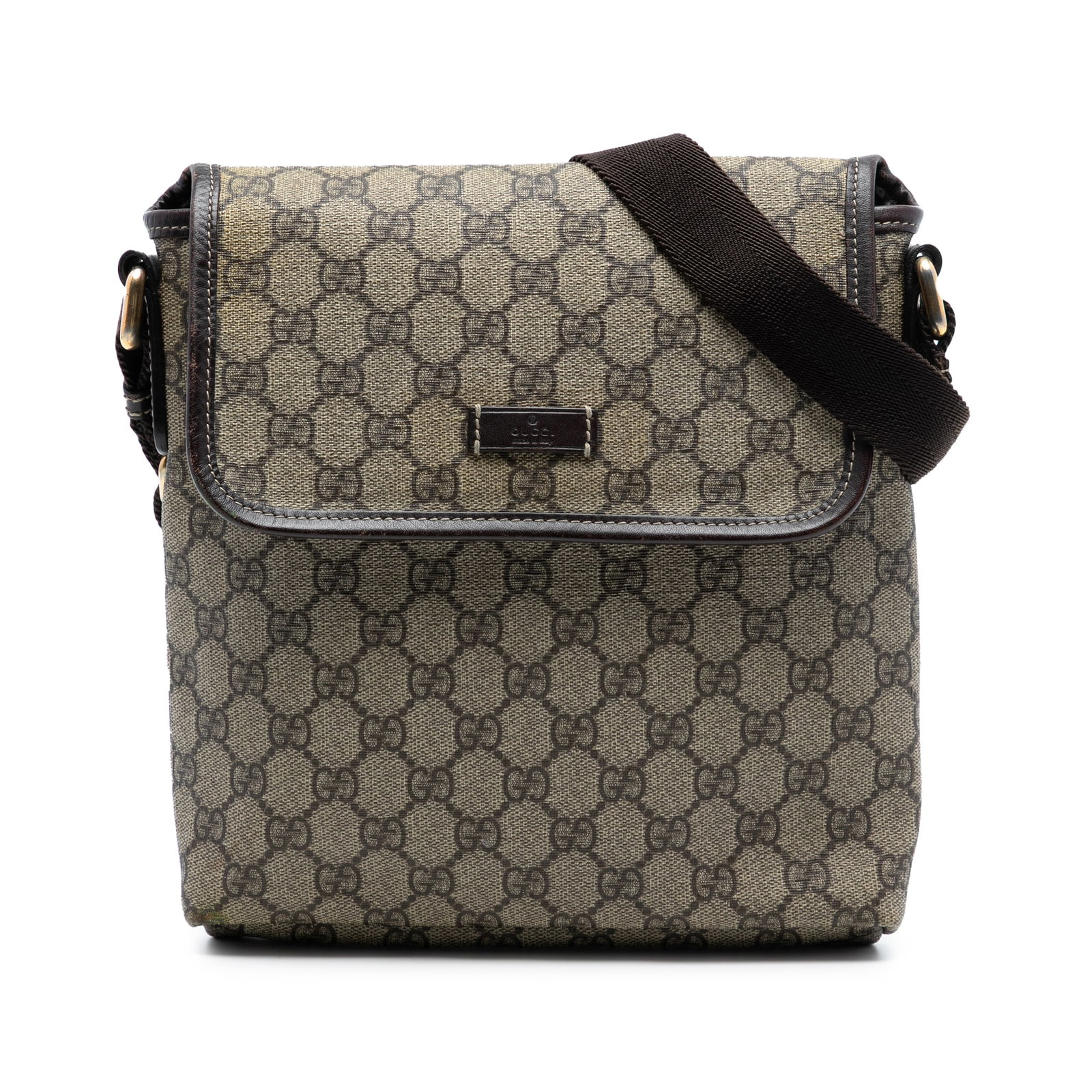 Beige GG Supreme Coated Canvas Crossbody Bag by Gucci: Beige GG Supreme Coated Canvas Crossbody Bag by Gucci This Gucci GG Supreme Crossbody bag features a coated canvas body with leather trim, an adjustable flat strap, a front flap with magnetic closure,