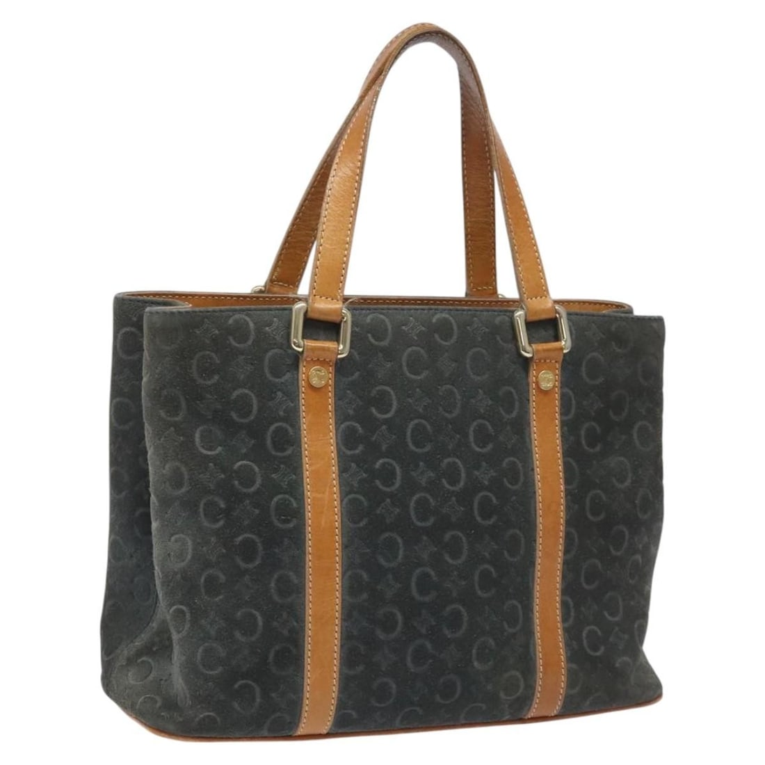 Celine Macadam Gray Suede and Canvas Handbag Gold Accents: Celine Macadam Gray Suede and Canvas Handbag Gold Accents This is a CELINE C Macadam Canvas and suede handbag in gray and gold tones, crafted in Italy. The bag features a structured silhouette with du