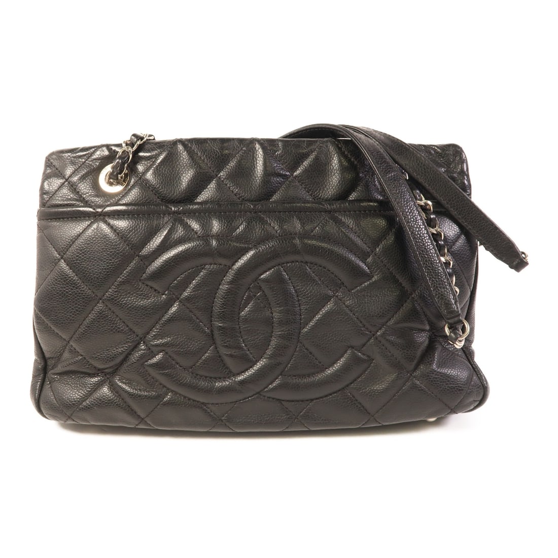 CHANEL Black Calfskin Leather Chain Shoulder Bag: CHANEL Black Calfskin Leather Chain Shoulder Bag This exquisite CHANEL shoulder bag is crafted from high-quality black calfskin leather, showcasing a timeless elegance. With a height of 7.5 inches, a 