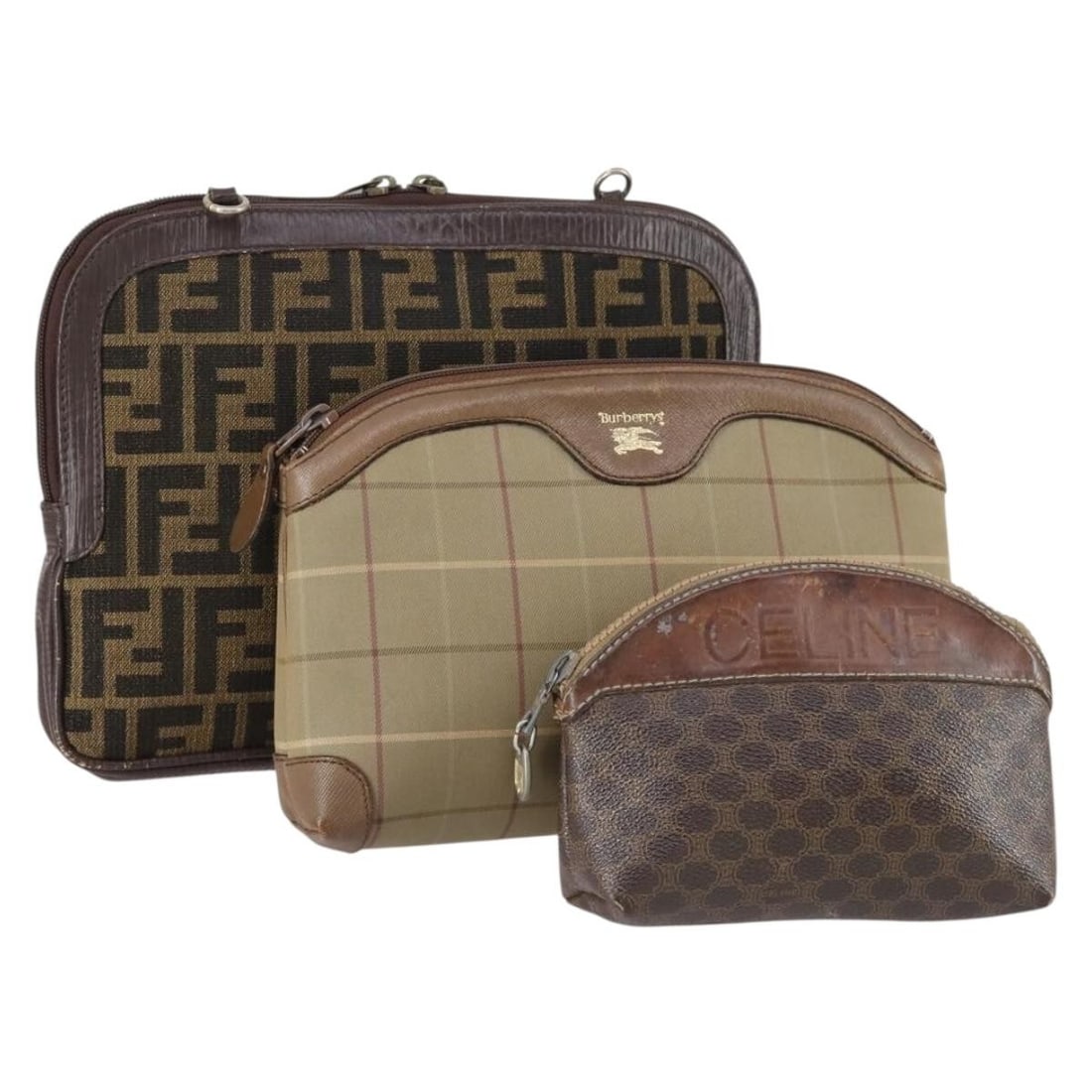 Burberrys Fendi Celine Canvas Macadam Bag Set of 3 Authenticated: Burberrys Fendi Celine Canvas Macadam Bag Set of 3 Authenticated This Burberrys clutch bag showcases a stylish blend of beige and brown Macadam canvas, perfect for adding a touch of sophistication to 