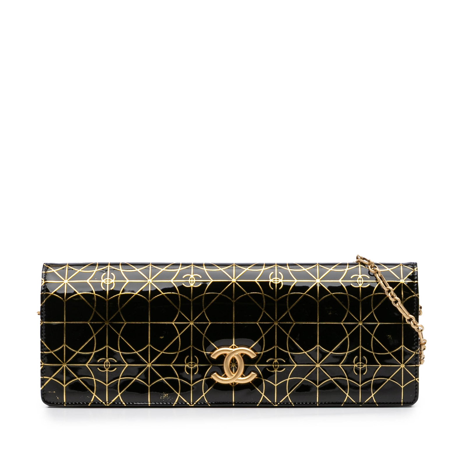 Chanel Paris Moscou Black Vinyl Crossbody Clutch with Chain Strap: Chanel Paris Moscou Black Vinyl Crossbody Clutch with Chain Strap The Chanel Paris Moscou Vinyl Moujik Clutch with Chain is a crossbody bag featuring a black vinyl body, a chain link strap, and a fron
