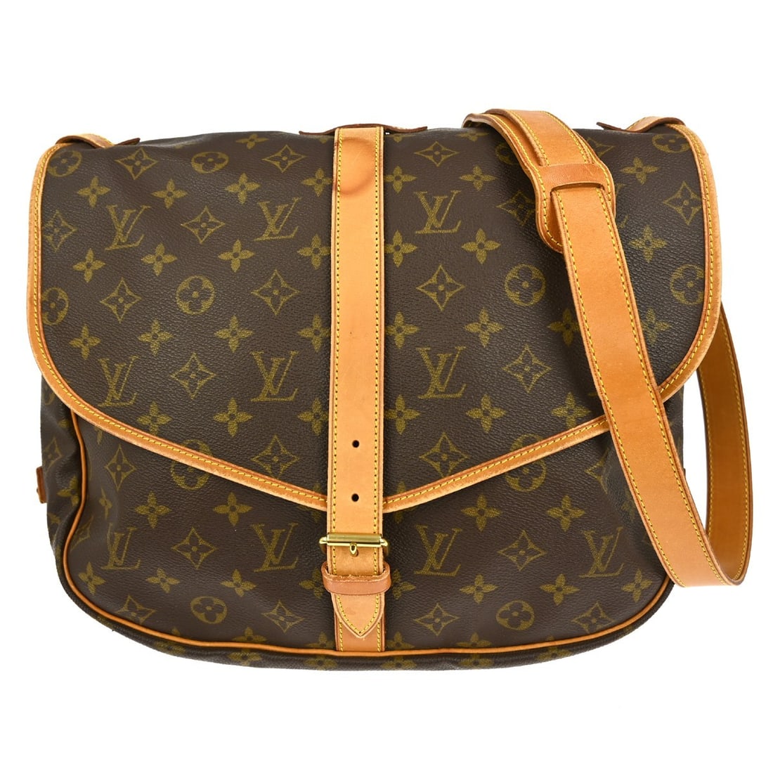 Saumur Monogram Canvas Shoulder Bag by Louis Vuitton: Saumur Monogram Canvas Shoulder Bag by Louis Vuitton The Louis Vuitton Saumur Handbag in Monogram Canvas is a unisex accessory featuring a brown canvas exterior. This bag is designed with both style a