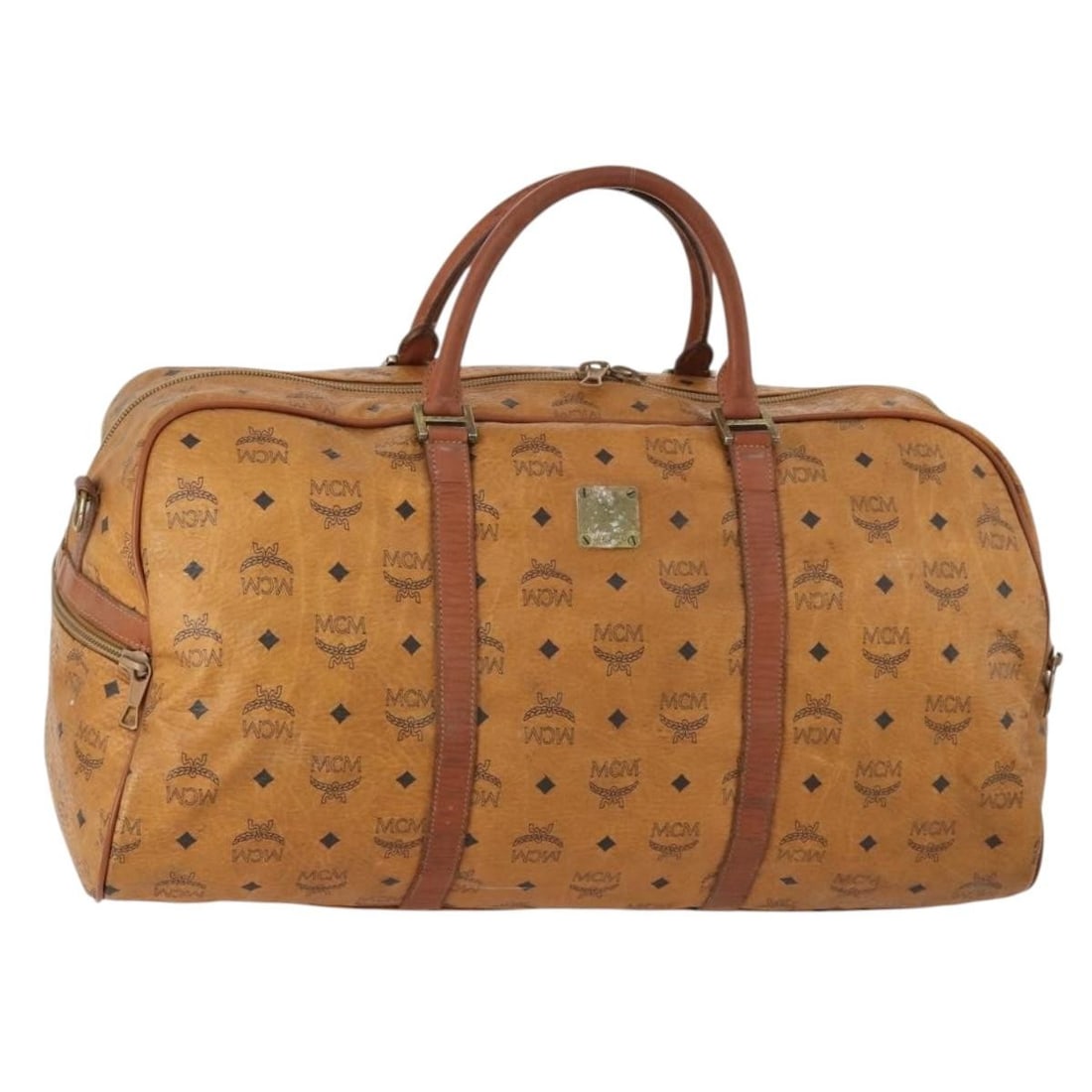 MCM Vicetos Brown PVC Boston Bag Gold Accents Two Way Style: MCM Vicetos Brown PVC Boston Bag Gold Accents Two Way Style This is an MCM Logogram Vicetos Boston Bag designed for women, crafted from brown and gold PVC leather. The bag features dual top handles an