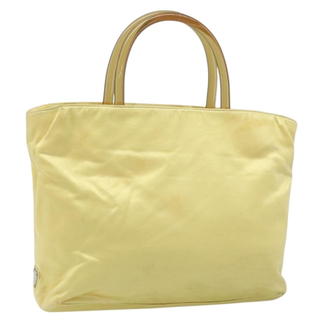 Prada Yellow Satin Handbag with Silver Accents for Women: Prada Yellow Satin Handbag with Silver Accents for Women This Prada women's handbag is crafted from yellow and silver satin, featuring silver-tone hardware. Made in Italy, the bag offers a stylish des