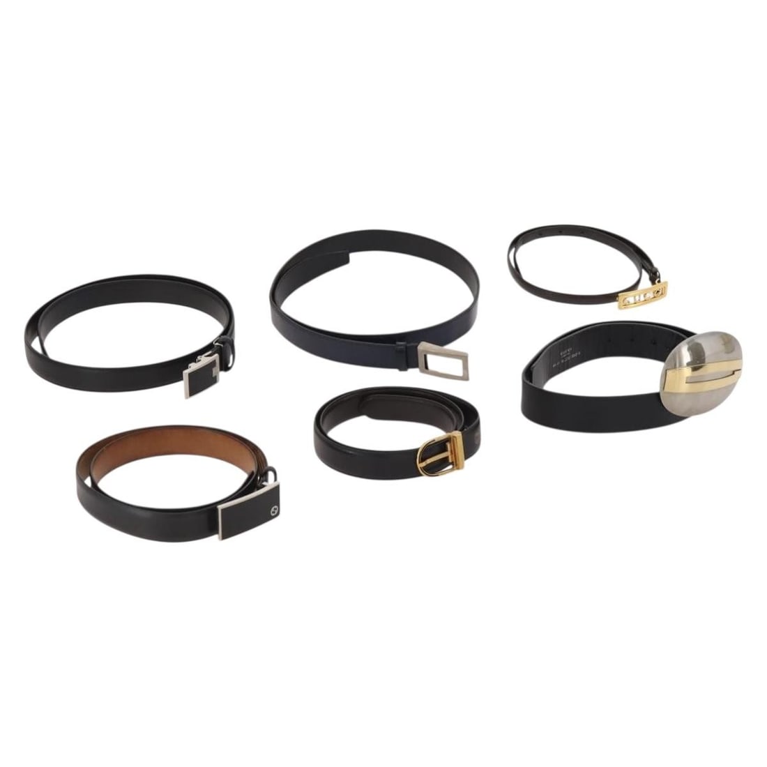 Set of 6 Gucci Leather Belts in Black and Dark Brown: Set of 6 Gucci Leather Belts in Black and Dark Brown This set includes six women's leather belts in black and dark brown tones from luxury brands such as Gucci, Lanvin, and Prada. The belts show signs