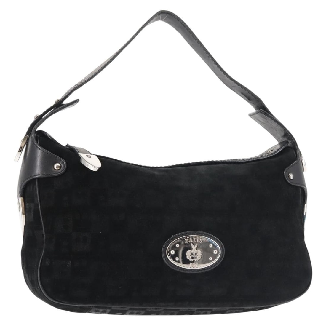 BALLY Black Suede Shoulder Bag Silver Hardware Authentic BA6459: BALLY Black Suede Shoulder Bag Silver Hardware Authentic BA6459 This BALLY shoulder bag is crafted from luxurious black suede leather, offering a chic and sophisticated look. The bag features a striki