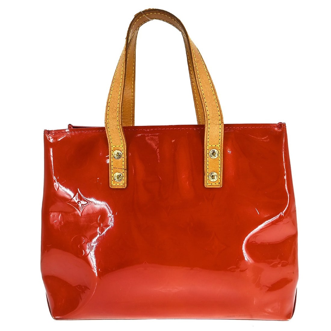 Louis Vuitton Red Vernis Monogram Reade PM Patent Leather Tote Bag: Louis Vuitton Red Vernis Monogram Reade PM Patent Leather Tote Bag This Louis Vuitton Red Vernis Reade PM tote handbag features a striking monogram pattern on patent leather with beige double handles.