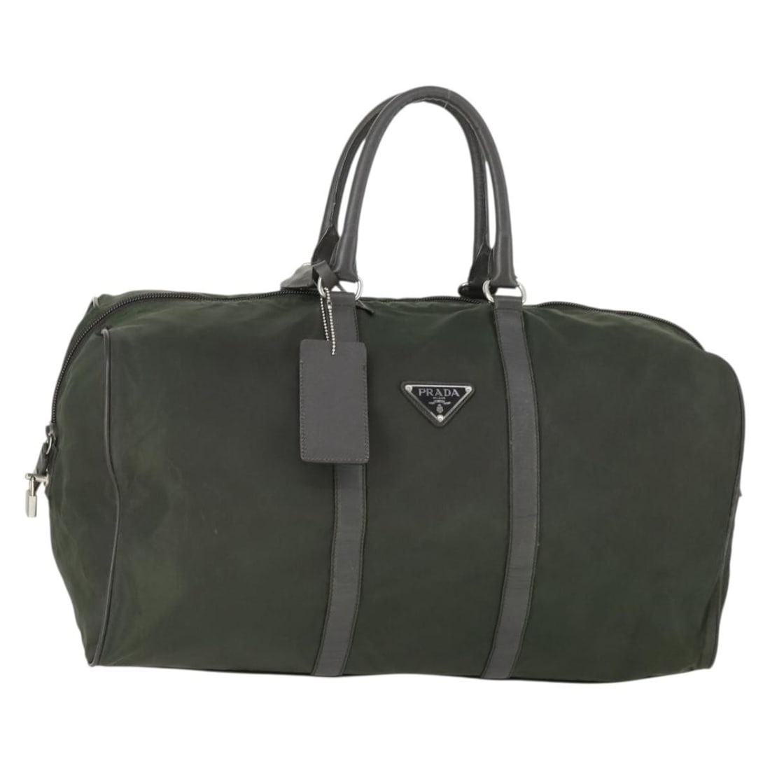 Prada Nylon Khaki Silver Boston Bag with Padlock and Keys: Prada Nylon Khaki Silver Boston Bag with Padlock and Keys This PRADA Boston Bag is crafted from durable nylon in a khaki and silver color combination. Designed for women, it features a spacious interi