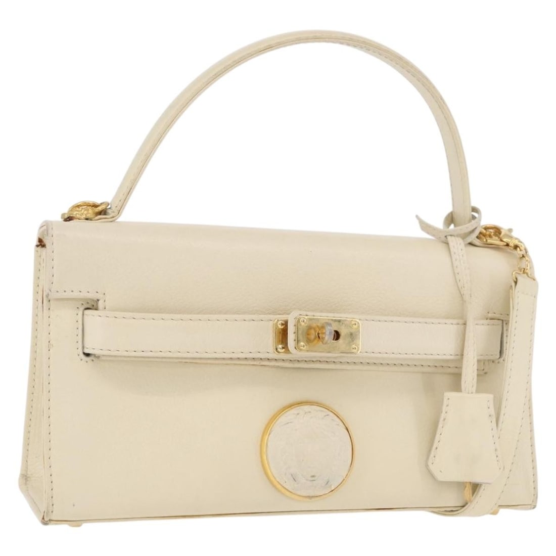 Gianni Versace white gold leather handbag with strap and padlock: Gianni Versace white gold leather handbag with strap and padlock This Gianni Versace handbag features a 2-way design crafted from white and gold leather. It offers both a top handle and a detachable s