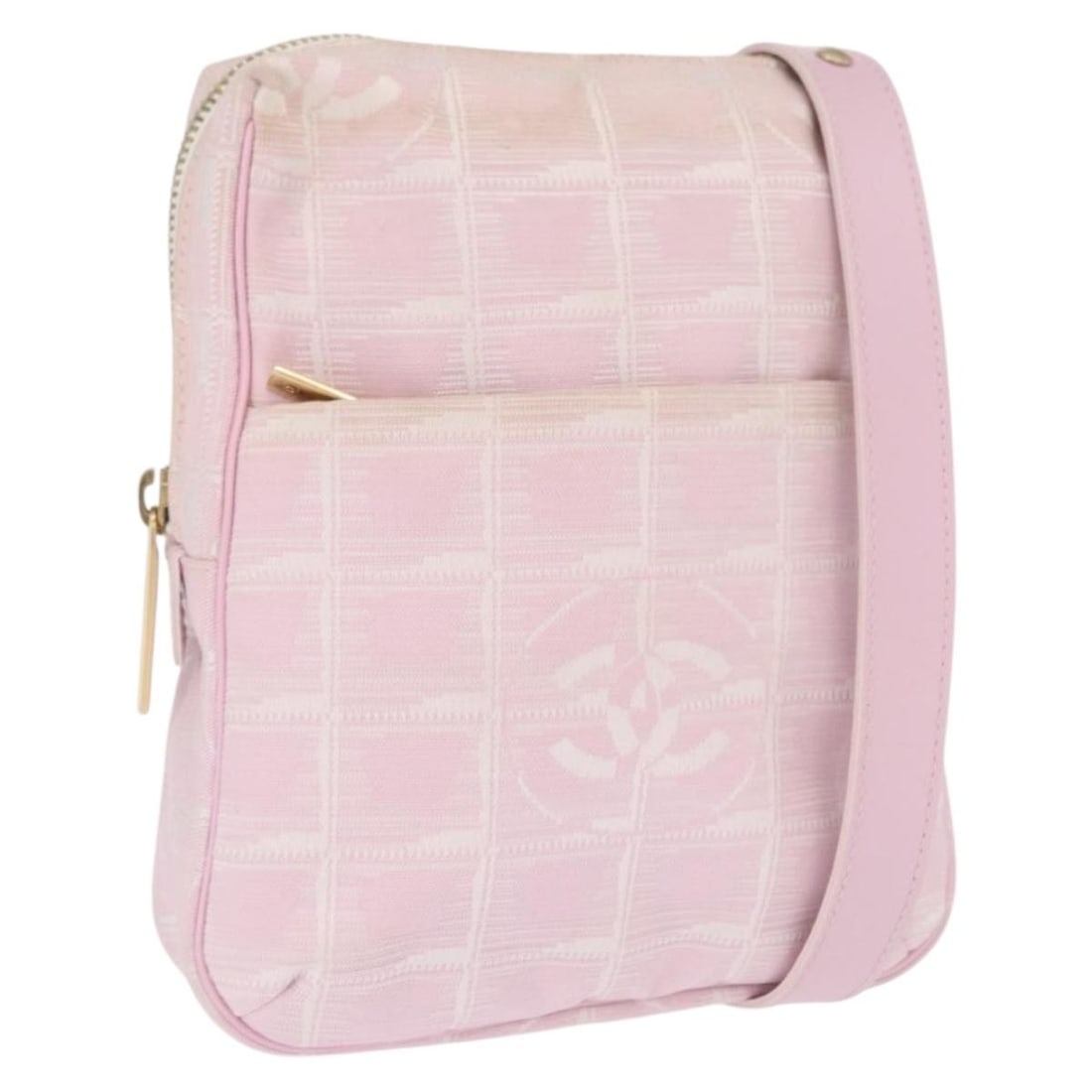 CHANEL New Travel Line pink gold nylon shoulder bag: CHANEL New Travel Line pink gold nylon shoulder bag This CHANEL Travel Line shoulder bag is crafted from pink and gold nylon and features a classic CC logo. Designed for women, it offers a compact yet