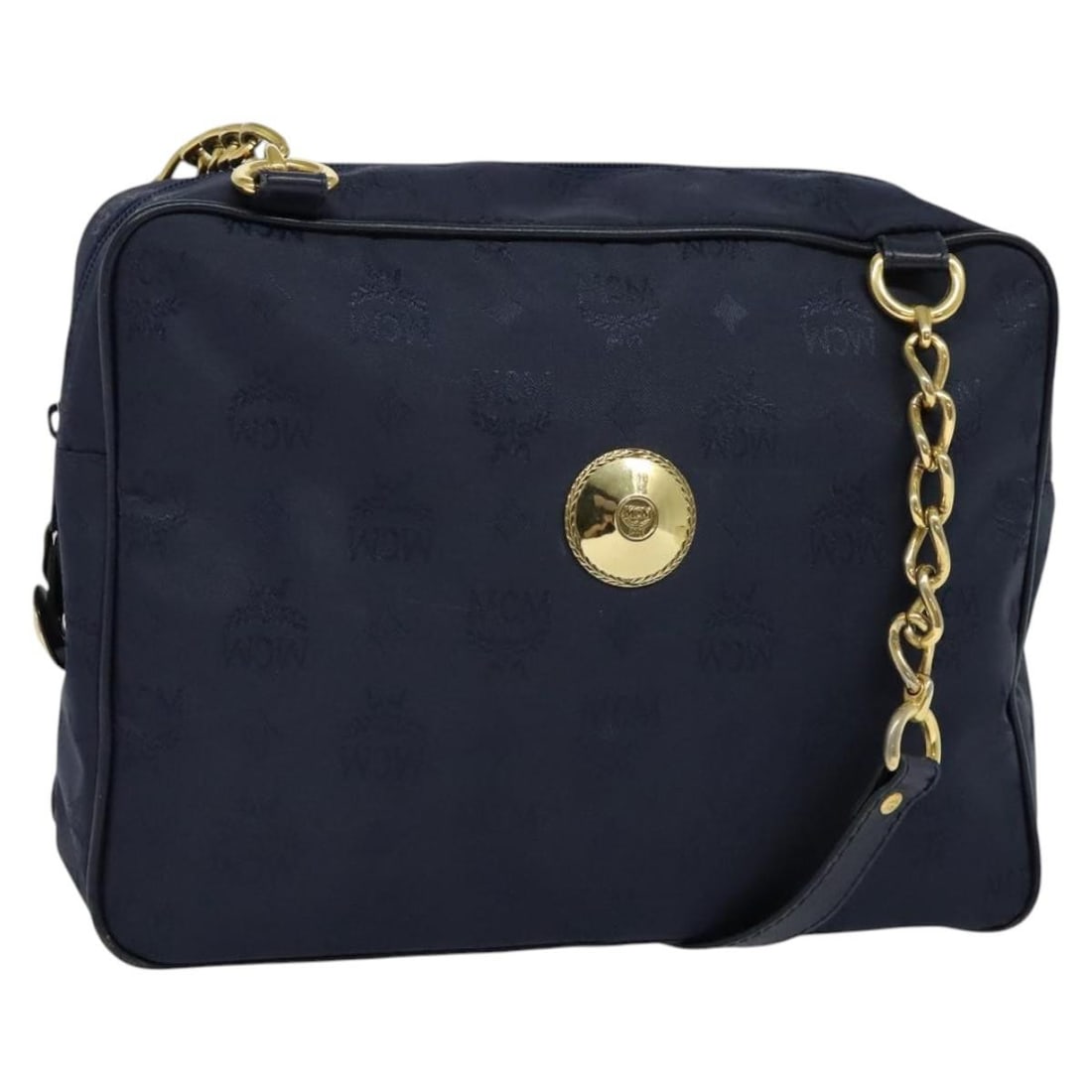 MCM Vicetos navy gold nylon shoulder bag auth: MCM Vicetos navy gold nylon shoulder bag auth This MCM Logogram Vicetos shoulder bag is crafted from navy and gold nylon, offering a stylish and functional accessory for everyday use. Designed for wom
