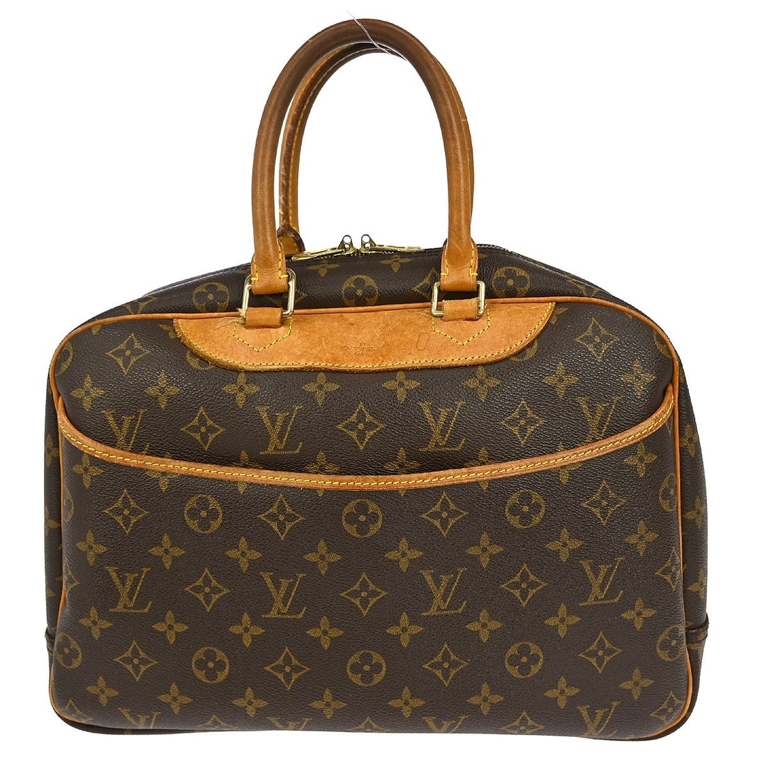 Louis Vuitton Deauville Monogram Canvas Vanity Bowling Bag M47270: Louis Vuitton Deauville Monogram Canvas Vanity Bowling Bag M47270 This Louis Vuitton Deauville Bowling Vanity handbag features the classic monogram canvas leather exterior with beige double handles an