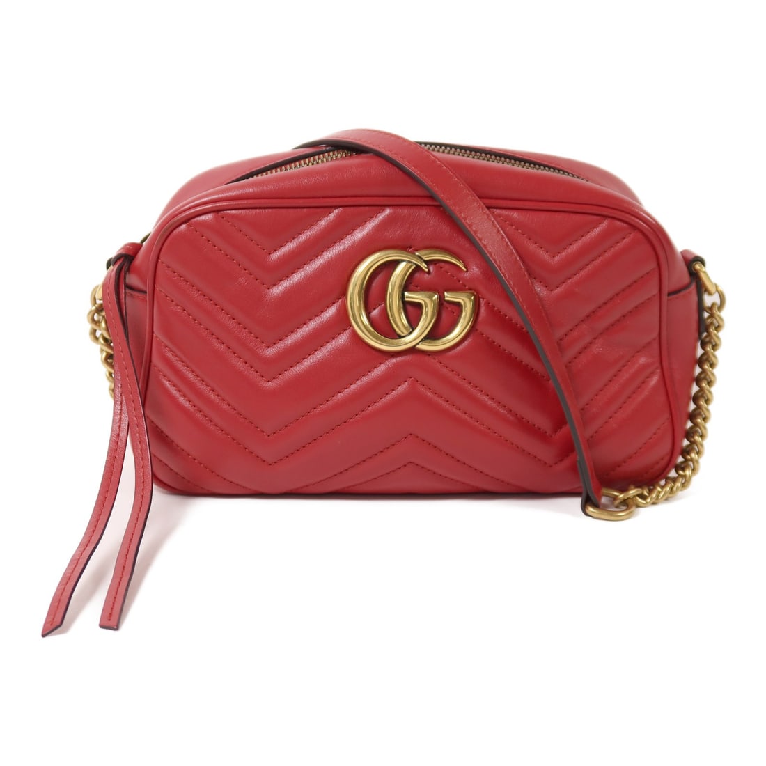Gucci GG Marmont Small Red Calfskin Shoulder Bag with Gold Hardware: Gucci GG Marmont Small Red Calfskin Shoulder Bag with Gold Hardware This Gucci GG Marmont small shoulder bag is crafted from red calfskin leather and features gold-tone GG hardware. Made in Italy, it 