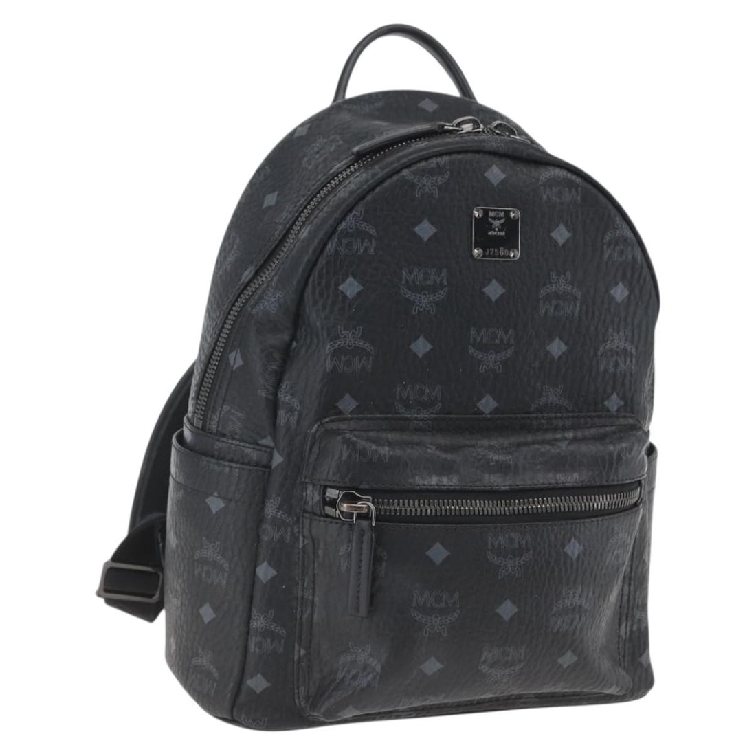 MCM Black PVC Logogram Backpack with Silver Details: MCM Black PVC Logogram Backpack with Silver Details This MCM Vicetos Logogram backpack features a black and silver design crafted from PVC leather. The backpack is made in Korea and has signs of heavy