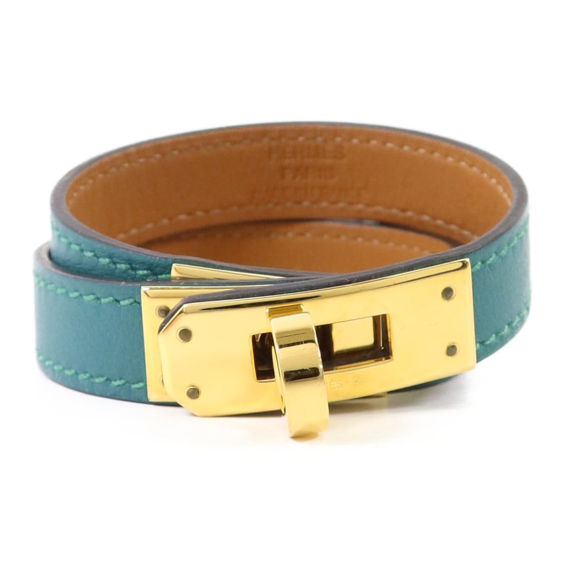 Hermes Kelly Double Tour Green Calfskin Bracelet with Gold Hardware: Hermes Kelly Double Tour Green Calfskin Bracelet with Gold Hardware This Hermes Kelly Double Tour bracelet features green calfskin leather and is designed for women. The bracelet showcases the iconic 