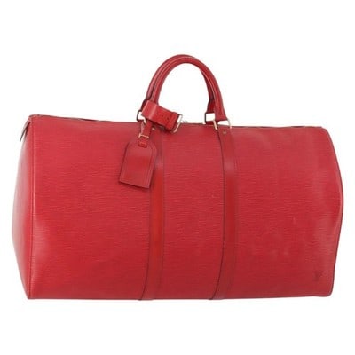 Louis Vuitton Red Epi Keepall 55 Boston Bag M42957: Louis Vuitton Red Epi Keepall 55 Boston Bag M42957 This Louis Vuitton Epi Keepall 55 Boston Bag in red features the brand's signature Epi leather and is crafted in France. The bag is equipped with a n
