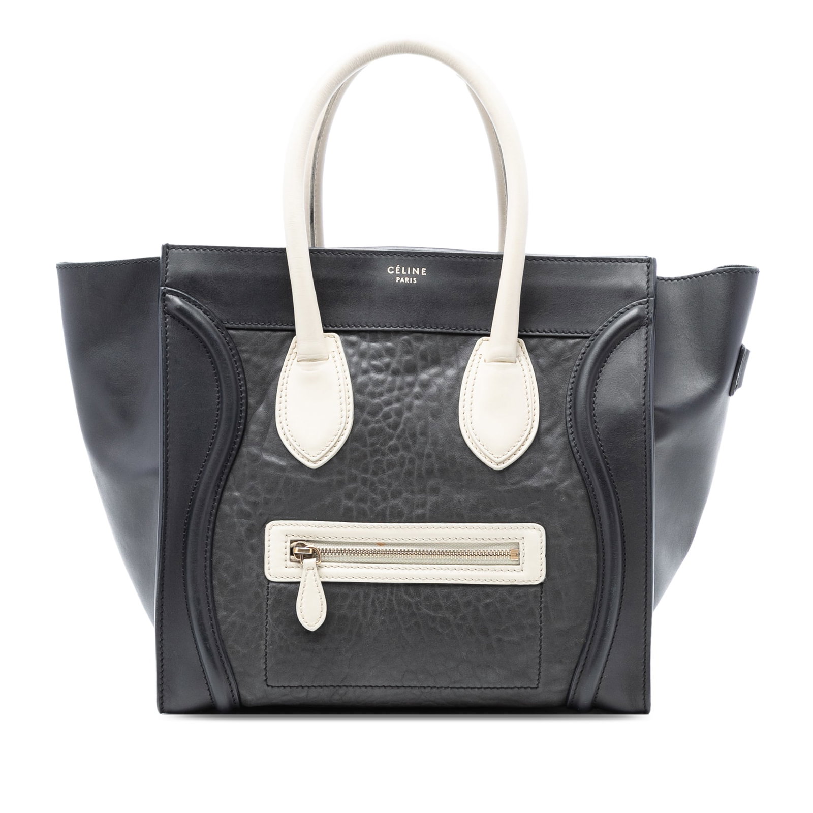 Celine Luggage Tote Mini Black Embossed Calfskin Leather Handbag: Celine Luggage Tote Mini Black Embossed Calfskin Leather Handbag This Celine Mini Embossed Calfskin Luggage Tote features a leather body with rolled handles, a top zip closure, and both exterior and i