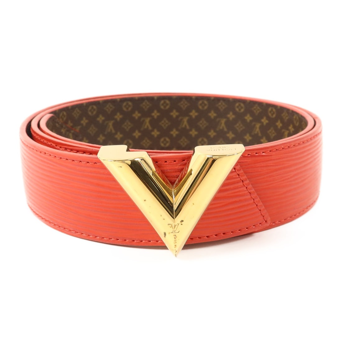 Red Epi Calfskin Belt with Gold Hardware by Louis Vuitton: Red Epi Calfskin Belt with Gold Hardware by Louis Vuitton This Louis Vuitton belt features high-quality red Epi calfskin leather and gold-tone hardware. Designed for women, it is size 85 and crafted i