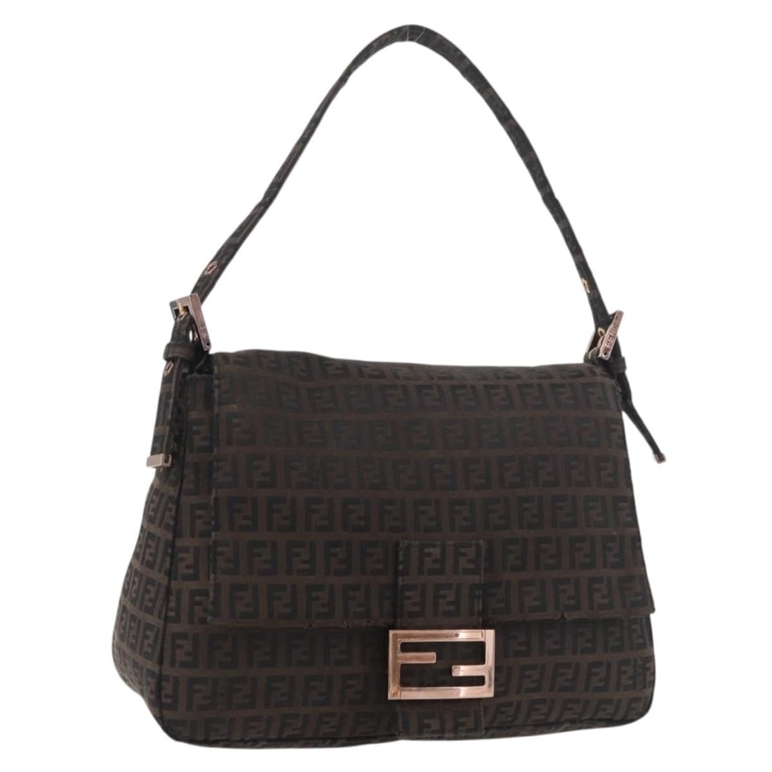Fendi Mamma Baguette Zucchino Canvas Shoulder Bag Brown Black: Fendi Mamma Baguette Zucchino Canvas Shoulder Bag Brown Black This FENDI shoulder bag features the signature Zucchino canvas in a brown and black color scheme. The bag is designed for women and offers