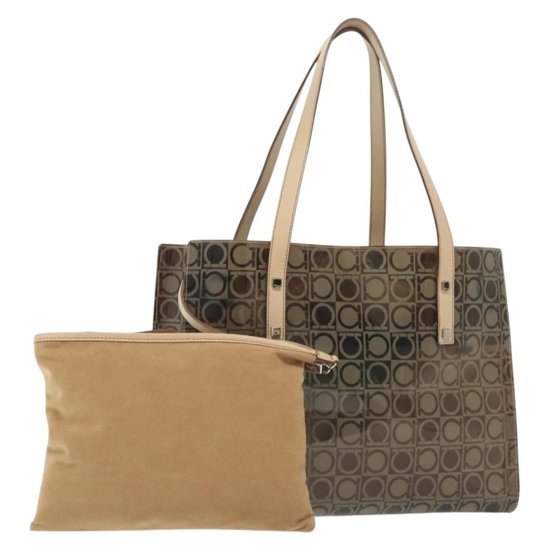 Salvatore Ferragamo Gancini Brown Vinyl Tote Bag Made in Italy: Salvatore Ferragamo Gancini Brown Vinyl Tote Bag Made in Italy This Salvatore Ferragamo Gancini Tote Bag showcases an elegant design in rich brown vinyl, perfect for both everyday use and special occa