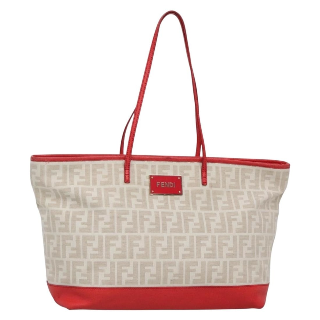 FENDI Zucca Canvas Tote Bag PVC White Gold Italy Auth 8BH185-HKN 128-2550: FENDI Zucca Canvas Tote Bag PVC White Gold Italy Auth 8BH185-HKN 128-2550 This FENDI Zucca Canvas Tote Bag is a stylish accessory crafted from durable PVC leather, featuring a chic white and gold exte