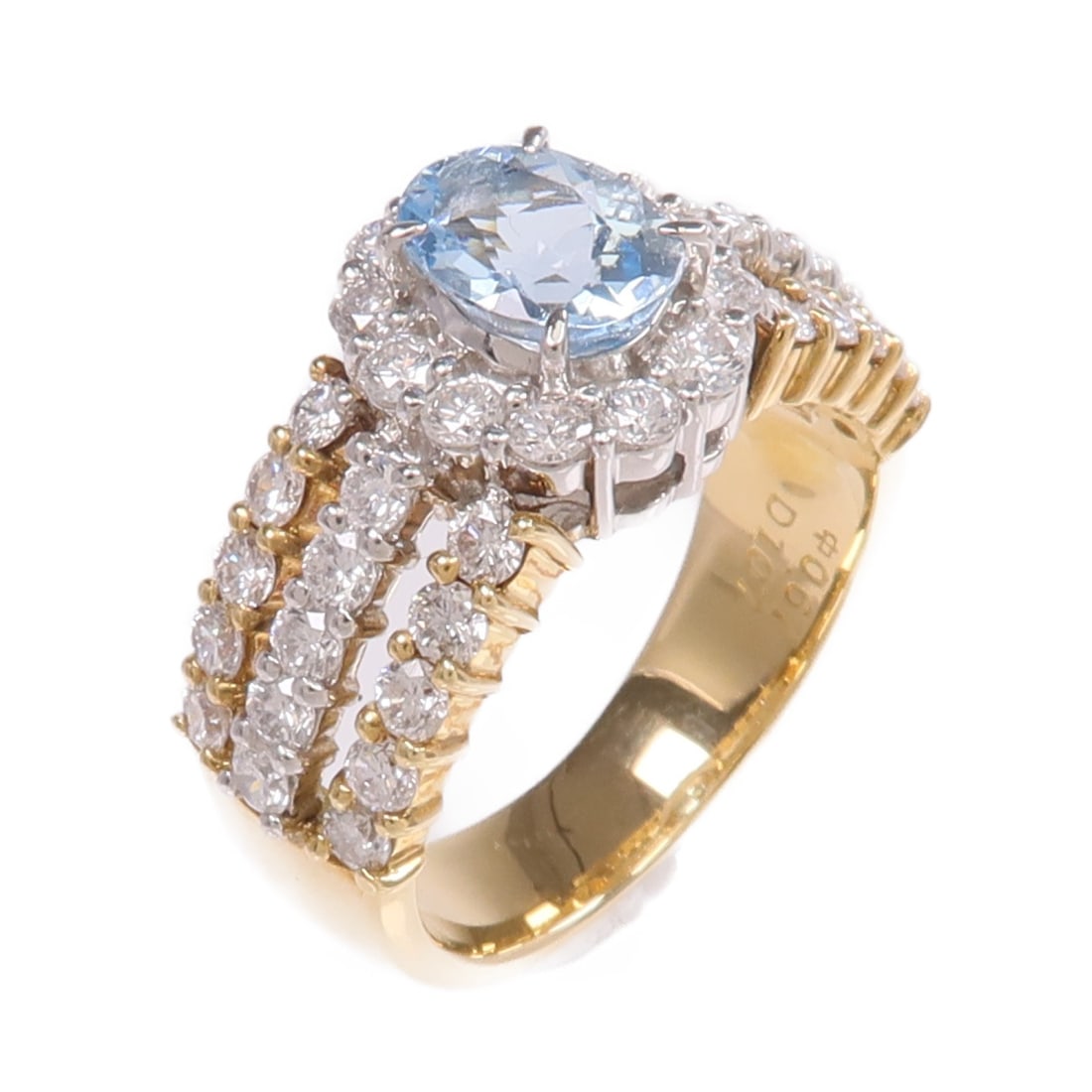 Aquamarine and Diamond Ring in 18K Yellow Gold Platinum US Size 5.25: Aquamarine and Diamond Ring in 18K Yellow Gold Platinum US Size 5.25 This elegant ring features a striking aquamarine gemstone set in 18K yellow gold and platinum PT900. Designed in a classic style, i