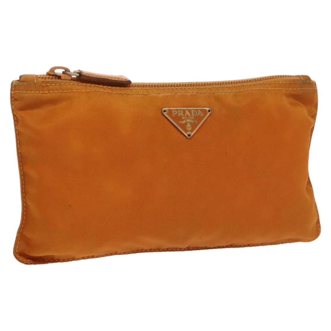 Prada Orange Nylon Women's Pouch with Silver Accents Made in Italy: Prada Orange Nylon Women's Pouch with Silver Accents Made in Italy This PRADA pouch is crafted from orange and silver nylon and is designed for women. The pouch is made in Italy and measures approxima