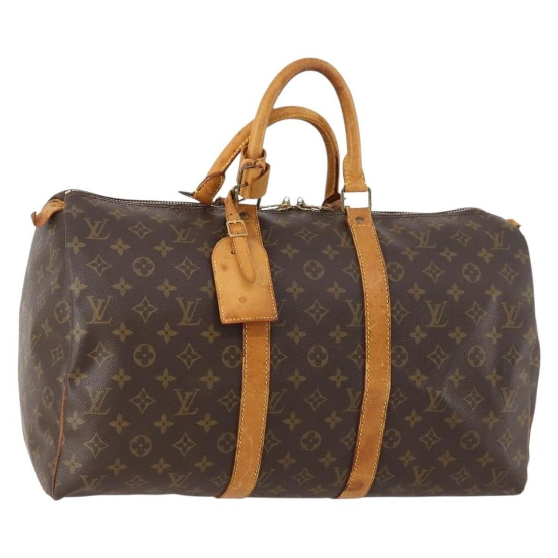 Louis Vuitton Keepall 45 Monogram Canvas Boston Bag M41428 with Name Tag: Louis Vuitton Keepall 45 Monogram Canvas Boston Bag M41428 with Name Tag This is a Louis Vuitton Monogram Keepall 45 Boston Bag in monogram canvas. Designed for women, it features the classic monogram
