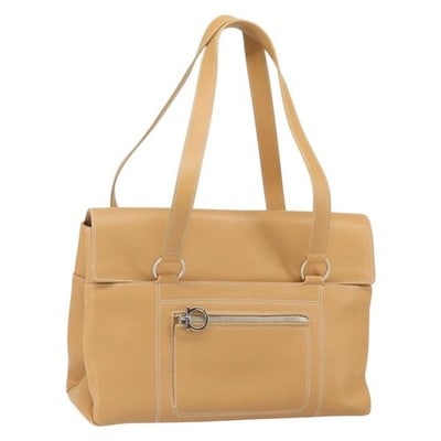 Beige Leather Ferragamo Tote with Silver Tone Hardware: Beige Leather Ferragamo Tote with Silver Tone Hardware This Salvatore Ferragamo tote bag is crafted from beige leather with silver-tone accents. Designed in a classic tote style, it features dual hand