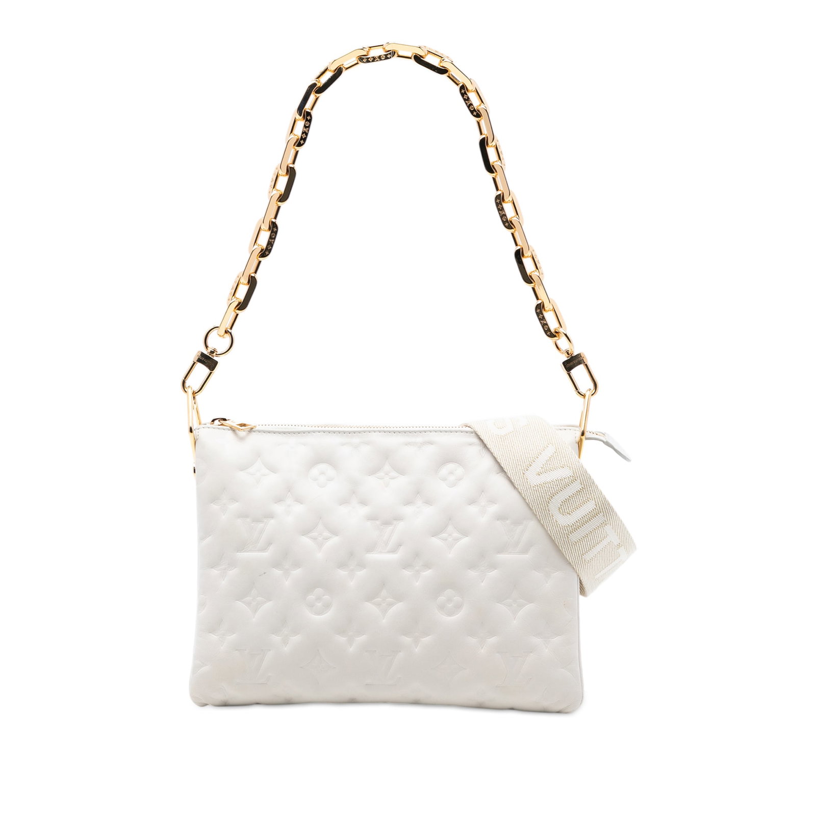 Louis Vuitton Coussin PM White Lambskin Embossed Monogram Shoulder Bag: Louis Vuitton Coussin PM White Lambskin Embossed Monogram Shoulder Bag This Louis Vuitton Coussin PM bag features a puffy lambskin leather body with an embossed monogram design in white. It includes a
