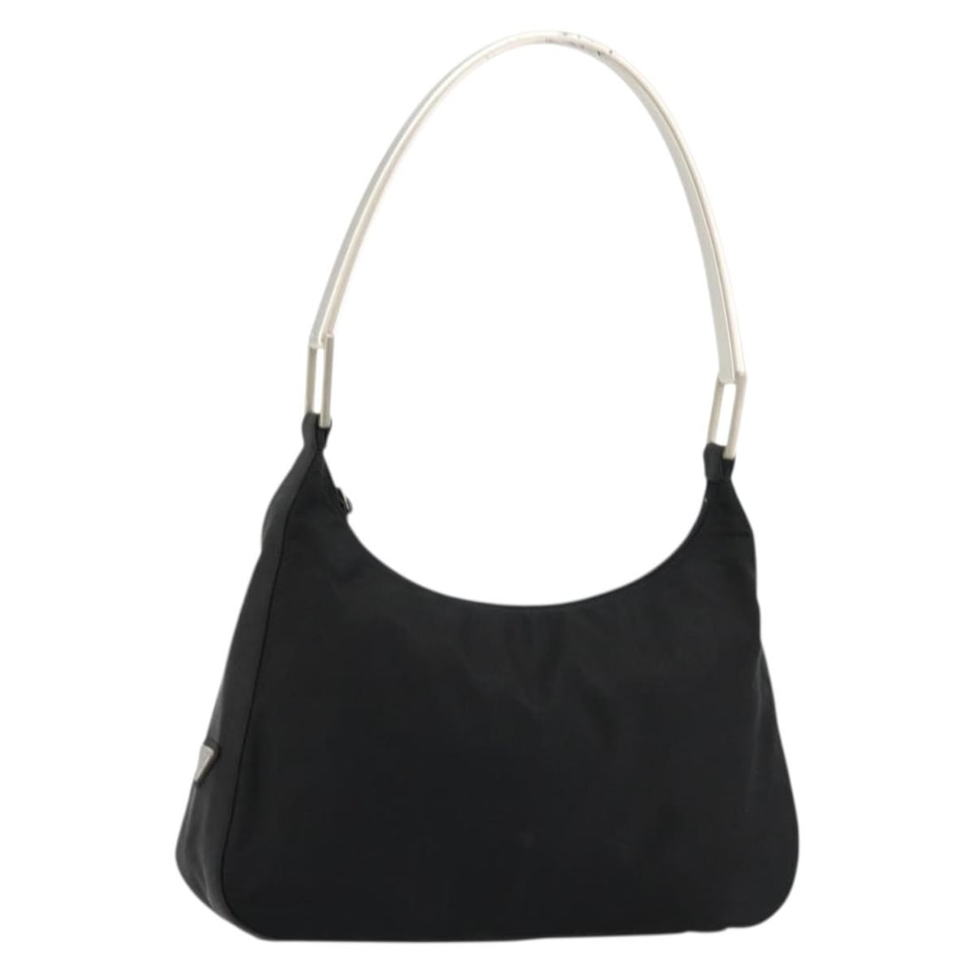Prada Nylon Black Silver Shoulder Bag Italy 12.2in: Prada Nylon Black Silver Shoulder Bag Italy 12.2in This PRADA shoulder bag features a black nylon exterior with silver-tone details. Designed for women, it offers a practical and stylish option for ev