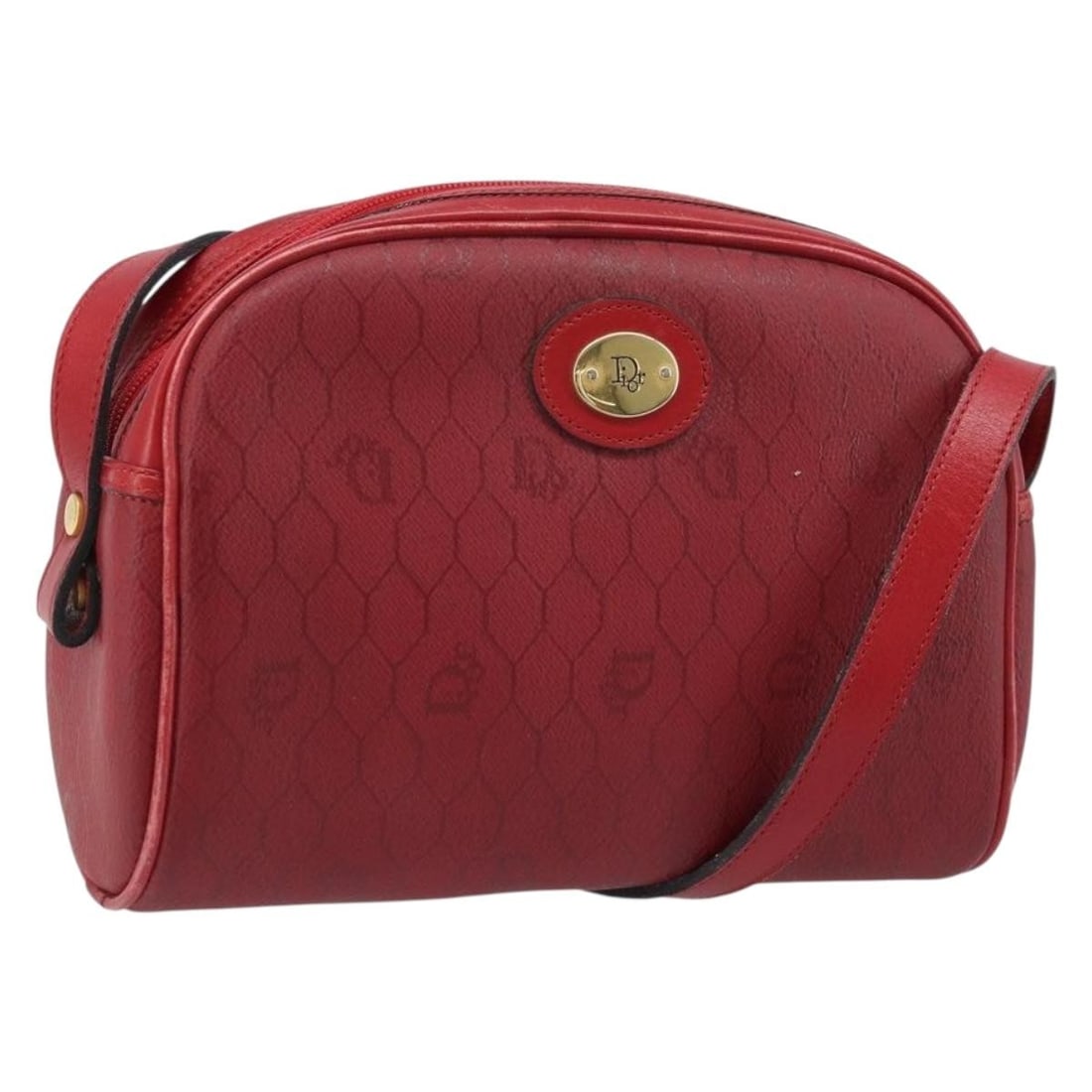 Christian Dior Red Honeycomb Canvas PVC Shoulder Purse Gold Accents France: Christian Dior Red Honeycomb Canvas PVC Shoulder Purse Gold Accents France This Christian Dior shoulder bag features the signature honeycomb canvas design in red and gold tones, crafted with PVC leath
