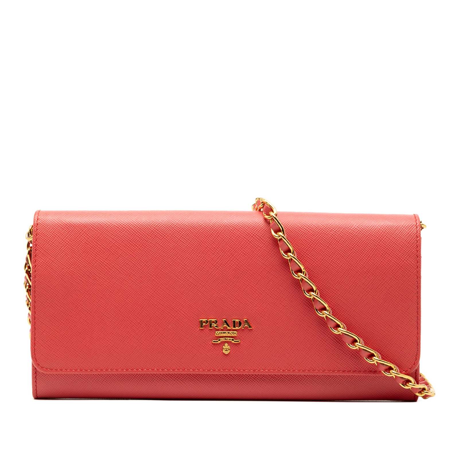 Red Prada Saffiano Lux Chain Wallet in Leather: Red Prada Saffiano Lux Chain Wallet in Leather This Prada Saffiano Lux Wallet On Chain is crafted from signature saffiano leather in red and features a gold-tone chain strap. The design includes a fro