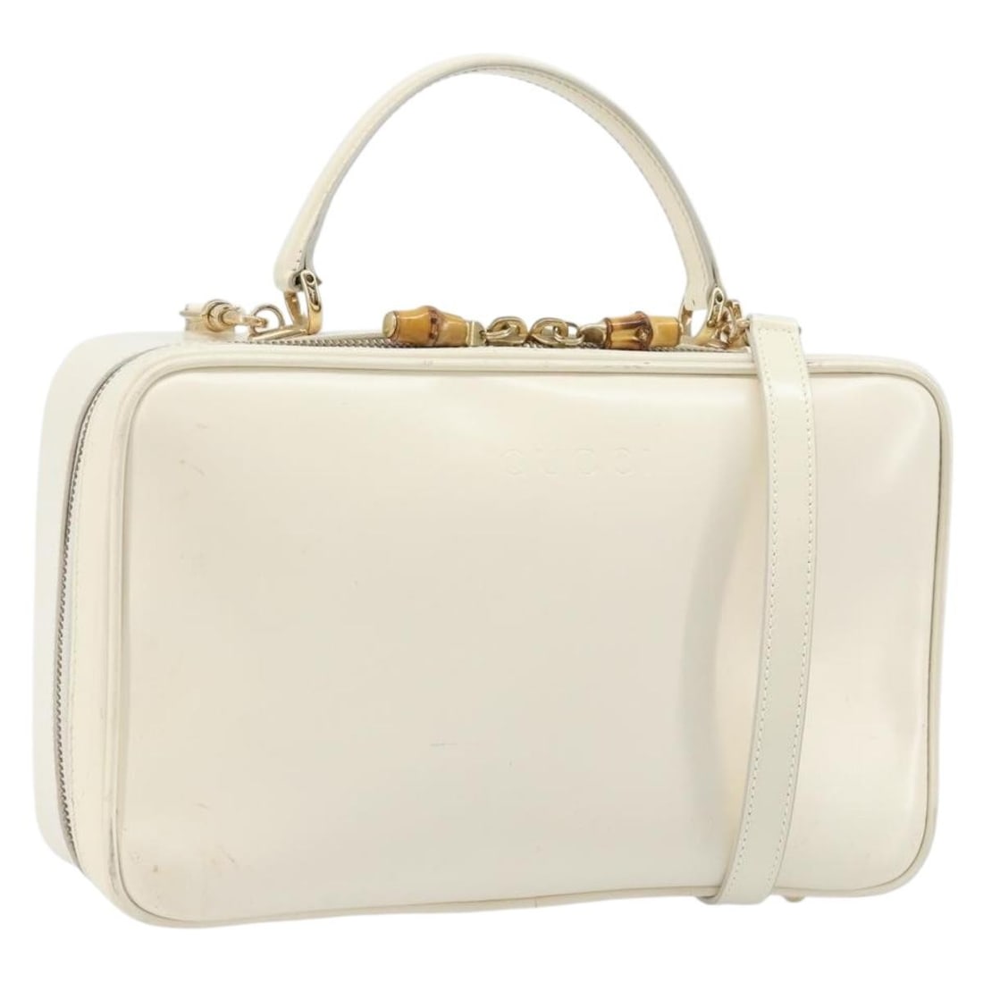 Gucci White Patent Leather Bamboo 2way Handbag With Shoulder Strap 000 3270 0565: Gucci White Patent Leather Bamboo 2way Handbag With Shoulder Strap 000 3270 0565 This GUCCI Bamboo handbag features a white and gold patent leather exterior and offers versatile 2-way carrying with a 