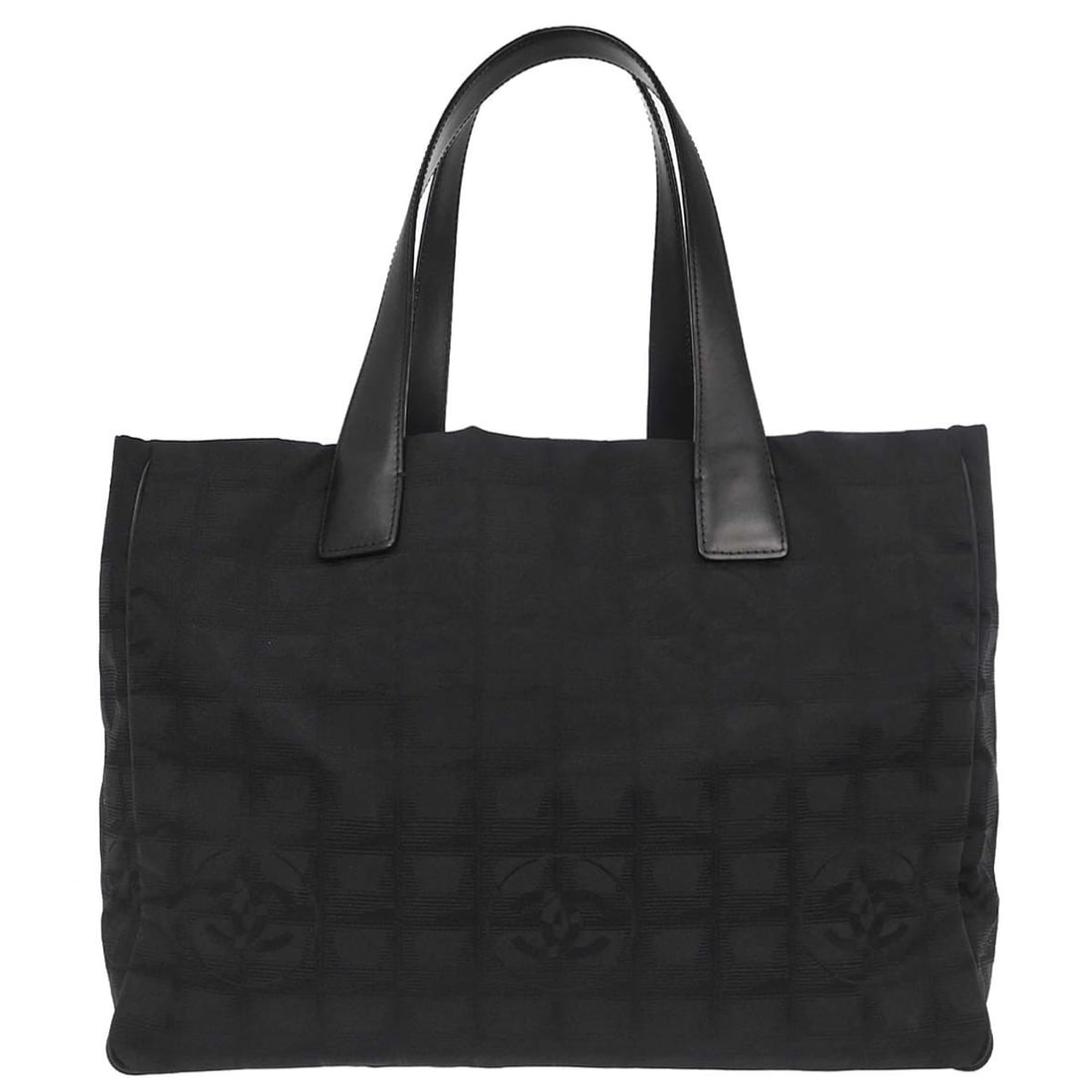 CHANEL Travel Line Black Jacquard Nylon Tote Handbag: CHANEL Travel Line Black Jacquard Nylon Tote Handbag This Chanel Travel Line tote handbag features a black jacquard nylon exterior with leather accents, offering a stylish and practical option for cas