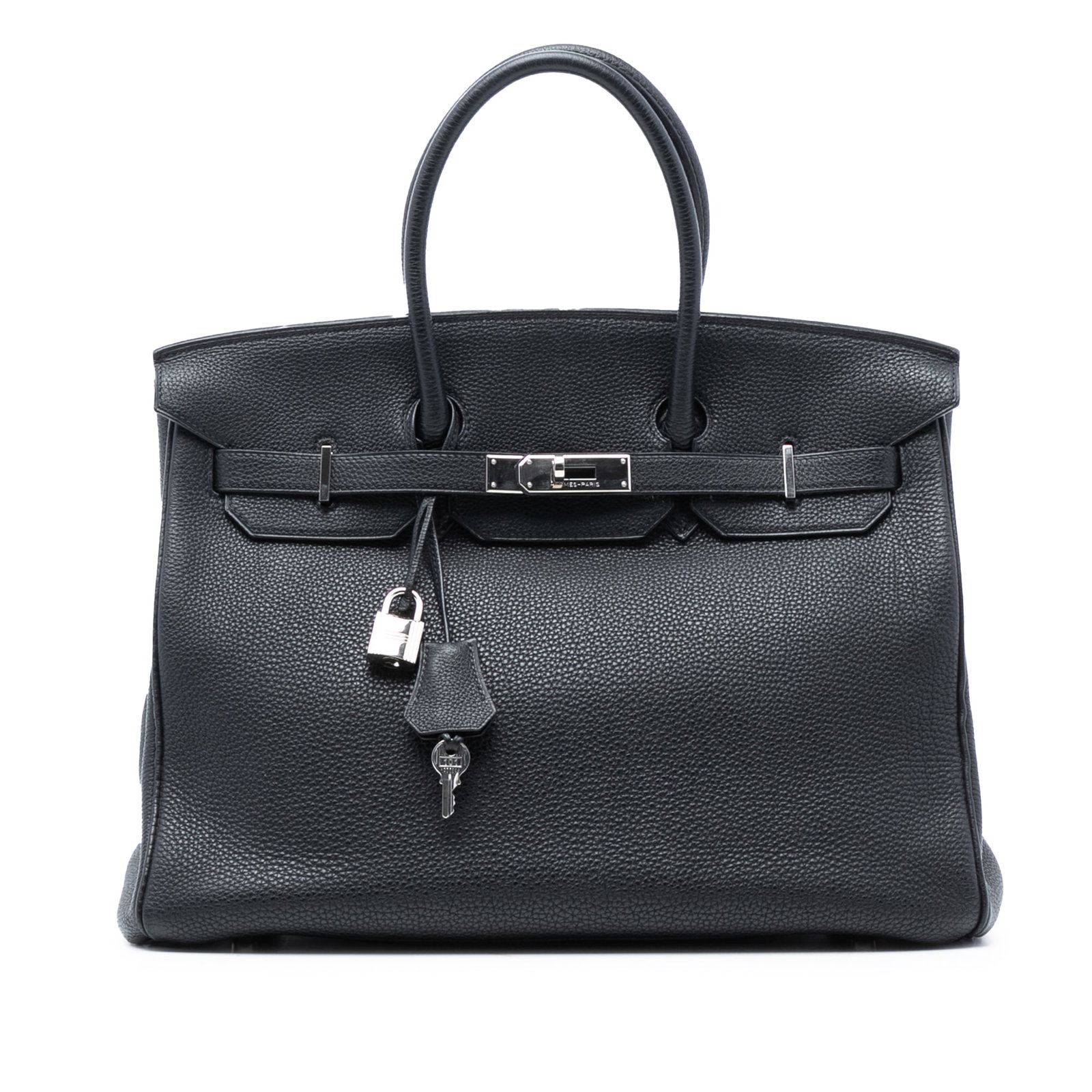 Hermes Birkin 35 Black Togo Leather Handbag with Turn Lock: Hermes Birkin 35 Black Togo Leather Handbag with Turn Lock This Hermes Togo Birkin Retourne 35 features a Noir Togo leather body, rolled leather handles, a front flap with turn-lock closure, and inter